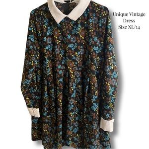Unique Vintage Blue & Brown Retro Florals Peggy Babydoll Dress